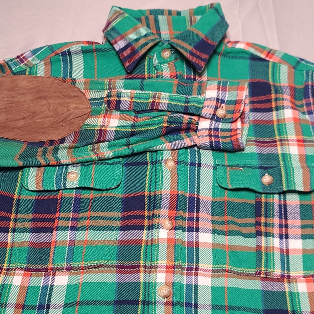 Polo Ralph Lauren Flannel Shirt Men M Green Plaid Elbow Patches Cotton Button Up